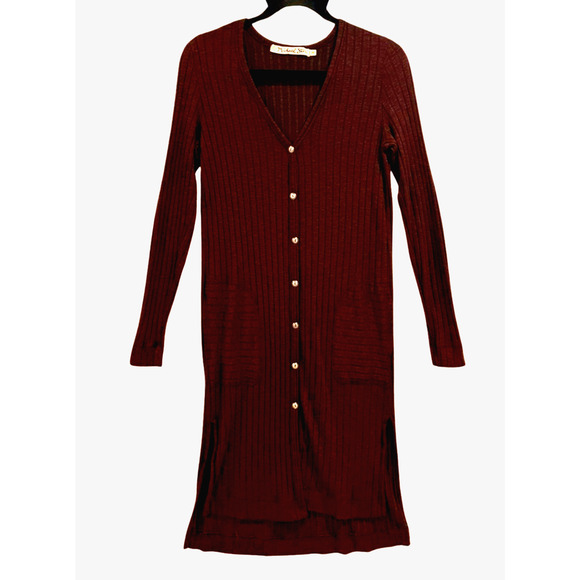 Michael Stars Red Black Ribbed Button Up Cardigan Duster Elbow Patches One Size - Picture 1 of 12